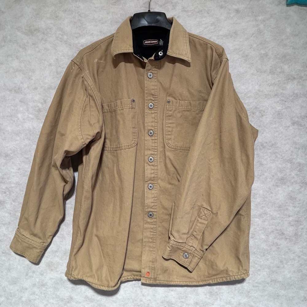Jesse James Workwear Canvas Shirt Jacket Tan Fleece Lined Mens Large Distressed - Picture 2 of 8